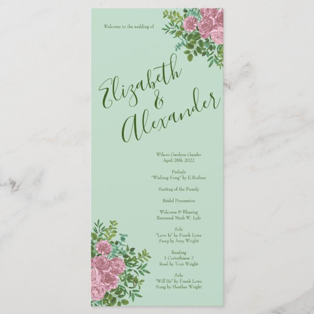 Light Green & Pale Pink Peony Rose Floral Programs (Front)