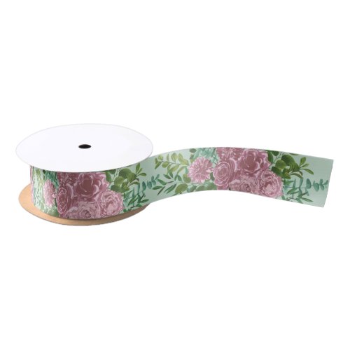 Light Green  Pale Pink Peony Rose Floral Wedding Satin Ribbon