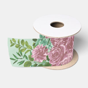 Light Green & Pale Pink Peony Rose Floral Wedding Satin Ribbon