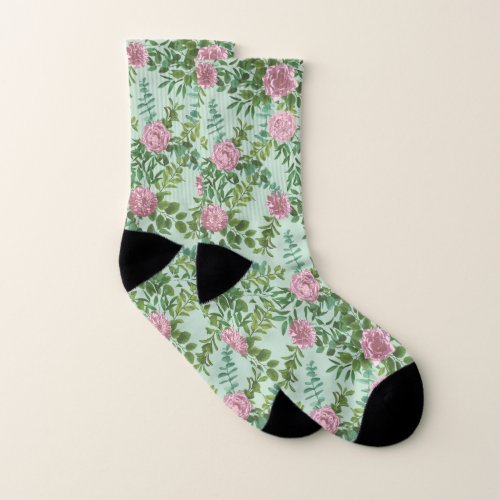 Light Green  Pale Pink Peony Rose Floral Wedding Socks