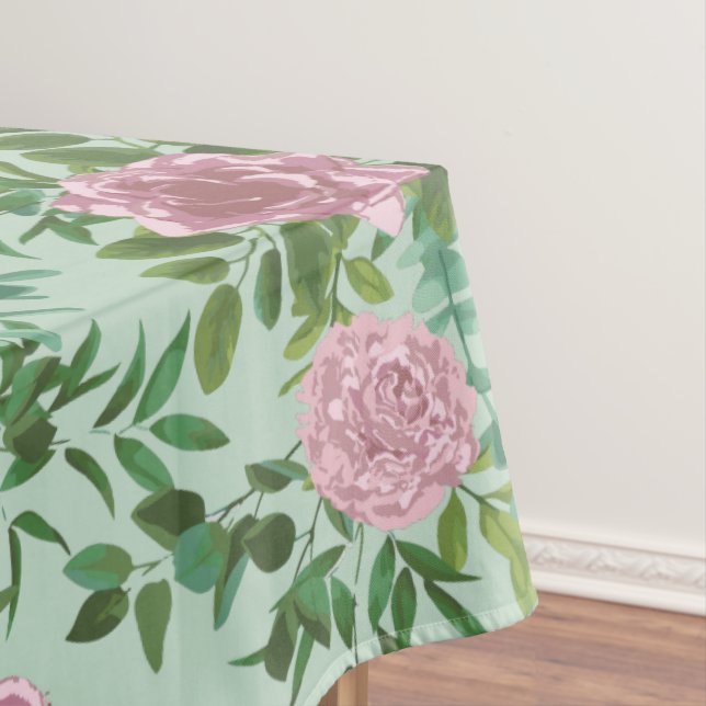 Light Green & Pale Pink Peony Rose Floral Wedding Tablecloth (In Situ)