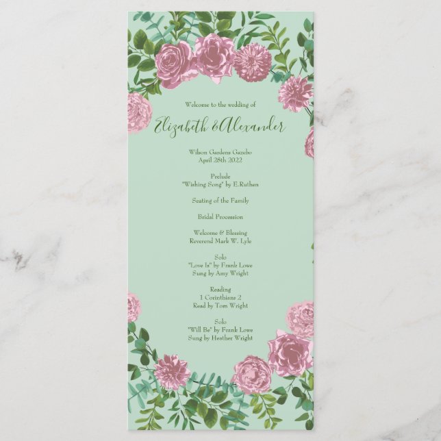 Light Green & Pale Pink Peony Rose Wedding Program (Front)