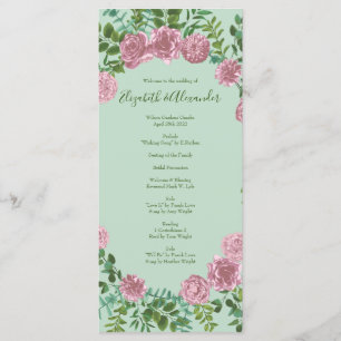 Light Green & Pale Pink Peony Rose Wedding Program