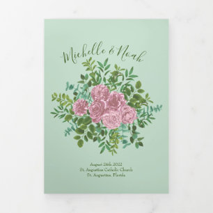Light Green & Pale Pink Peony & Rose Wedding Tri-Fold Program