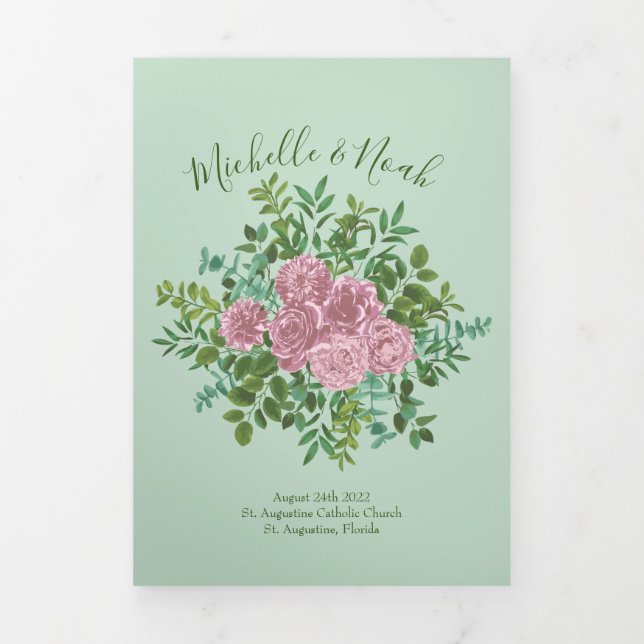 Light Green & Pale Pink Peony & Rose Wedding Tri-Fold Program (Cover)