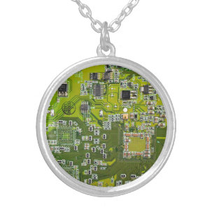 Light Green PCB Circuit Board Design for IT Pros Silver Plated Necklace