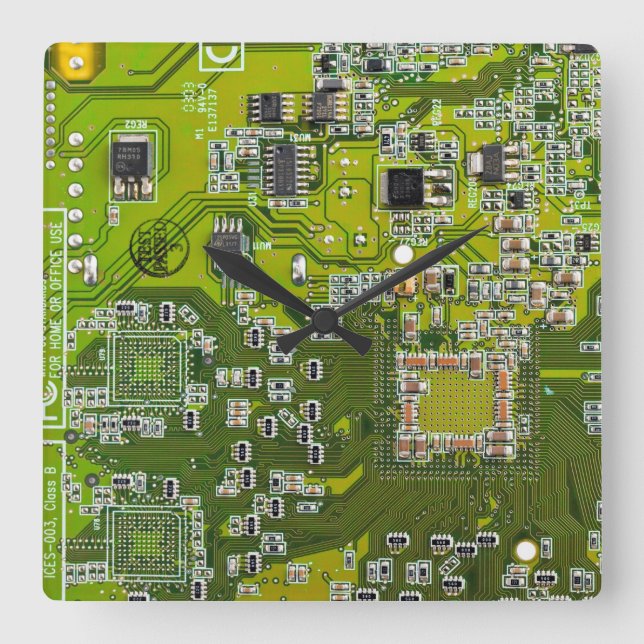 Light Green PCB Circuit Board Design for IT Pros Square Wall Clock (Front)