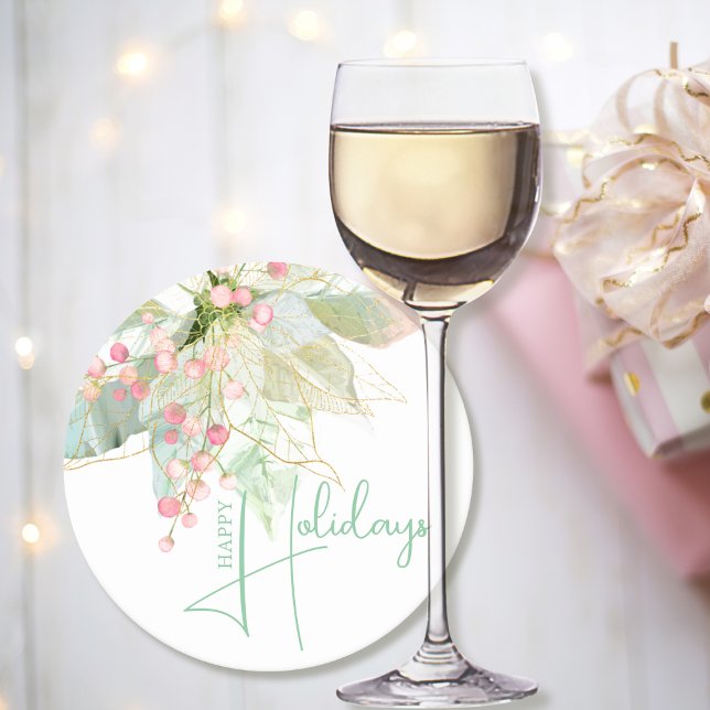 Light Green Pink Gold Poinsettia Happy Holidays Round Paper Coaster (Creator Uploaded)