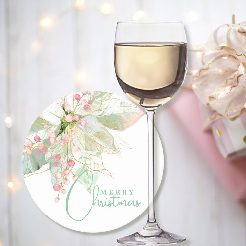 Light Green Pink Gold Poinsettia Merry Christmas  Round Paper Coaster