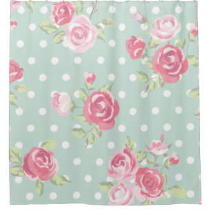 light green,pink roses,shabby chic,pattern,vintage shower curtain