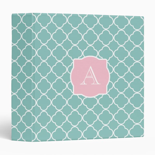 Light Green Quatrefoil Pink Monogram Binder (Front/Spine)