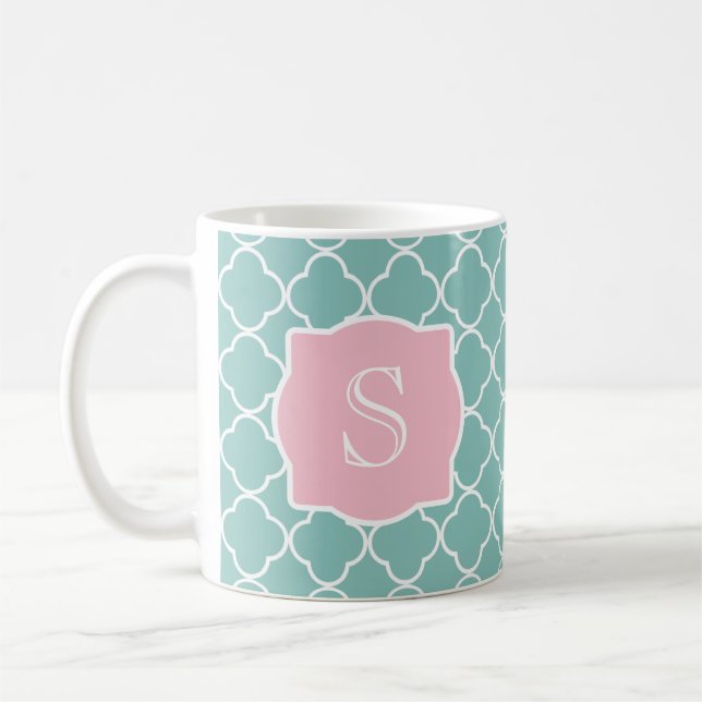 Light Green Quatrefoil Pink Monogram Coffee Mug (Left)