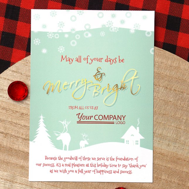 Light Green, Red Logo, White Snow Company Invitation (Mint Green White Red Logo Company Holiday Christmas Cards Rustic Elk)