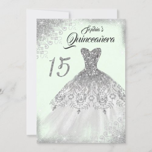 Light Green Silver Lace Diamond Gown Quinceanera Invitation