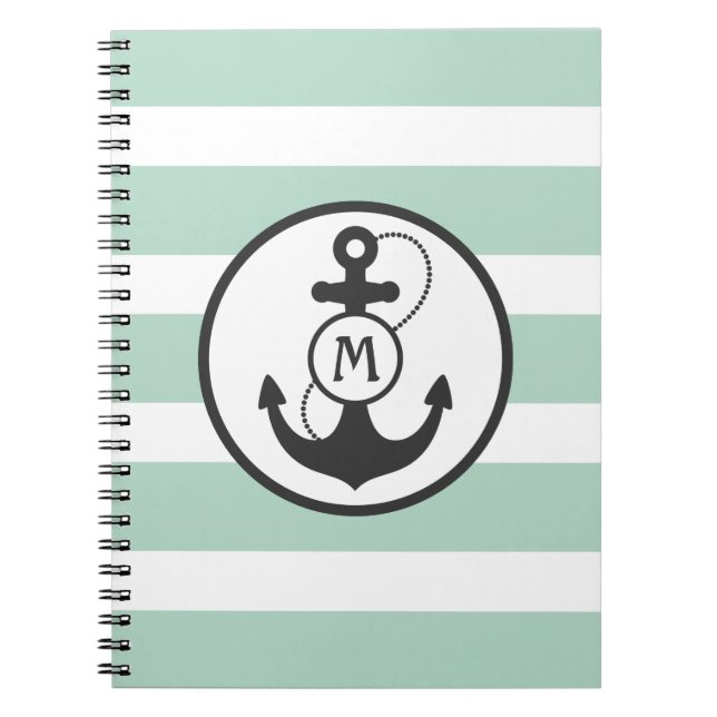 Light Green Stripes with Anchor and Mongram Notebook (Front)