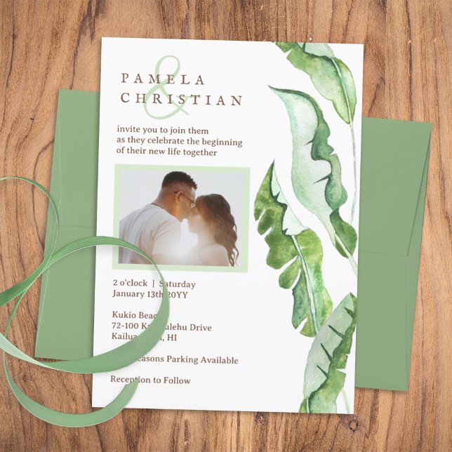 Light Green Tropical Banana Leaves Wedding  Invitation (light green natural tropical plants, watercolor banana leaves, simple tropical wedding invitation)