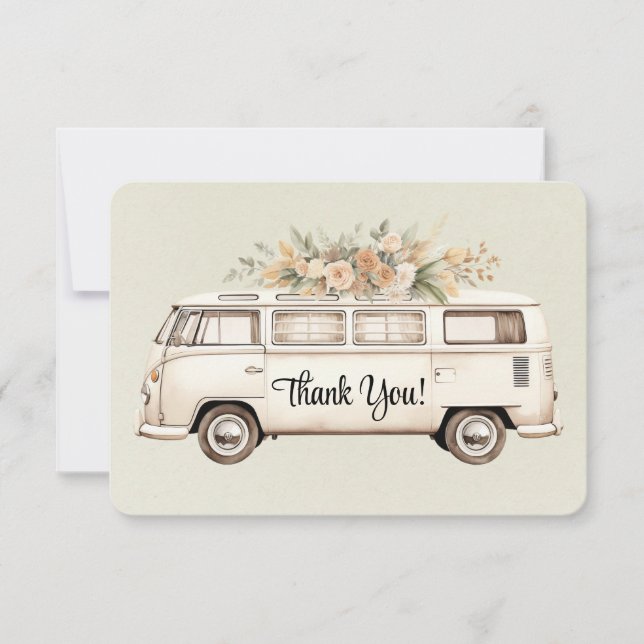 Light Green Vintage Bus Wedding  Thank You Card (Front)