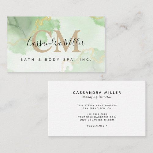  Light Green Watercolor Monogram Name Professional Business Card