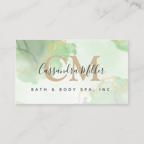  Light Green Watercolor Monogram Name Professional Business Card