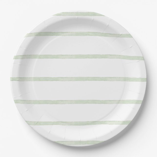 Light Green Watercolor Stripe  Paper Plates (Front)