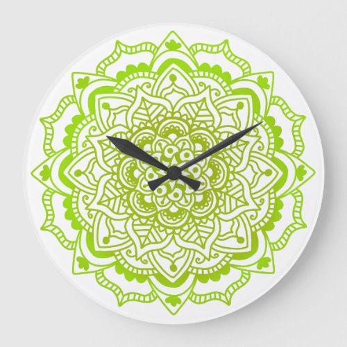 Light Green White Boho Bohemian Mandala Large Clock