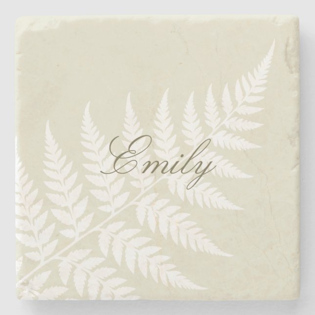 Light Green White Fern Elegant Script Name Stone Coaster (Front)