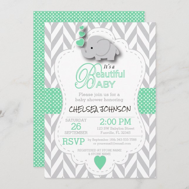 Light Green, White Gray Elephant Baby Shower Invitation (Front/Back)