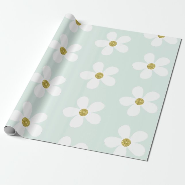 Light Green White Simple Daisy Gold Wrapping Paper (Unrolled)