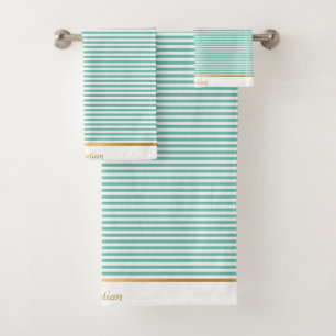 LIGHT GREEN WHITE STRIPED PATTERN TRIM TOWEL SET