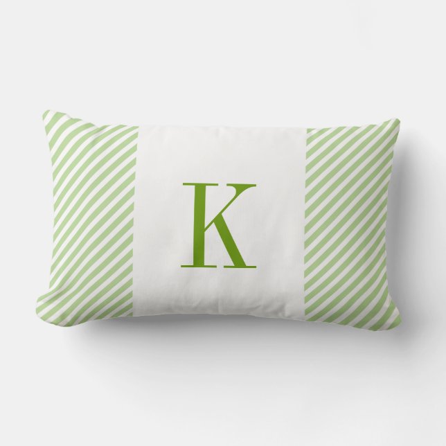 Light Green White Stripes Green Monogram Lumbar Pillow (Front)