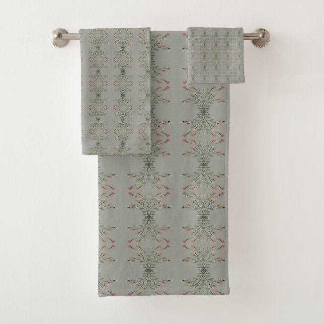 Light Green With Floral Pattern Bath Towel Set (Insitu)