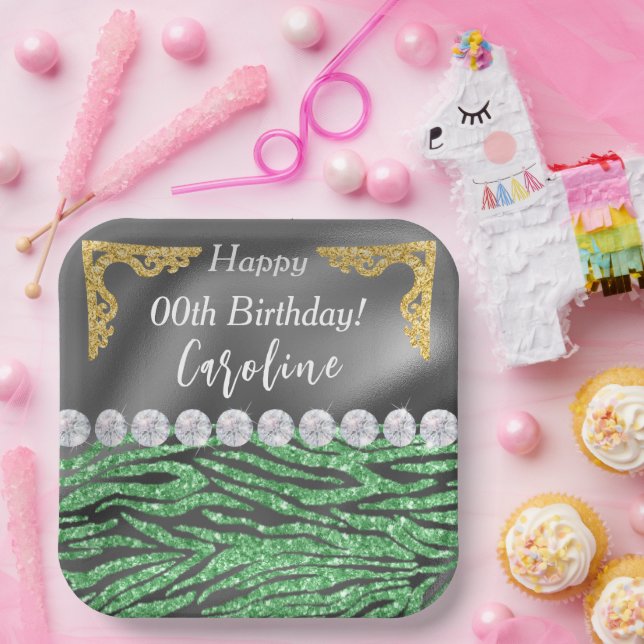 Light Green Zebra Print & Gold Silver Birthday Paper Plates (Party)