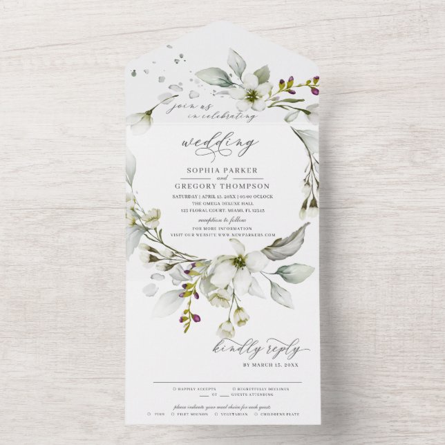 Light Greenery | Floral White Calligraphic Wedding All In One Invitation (Inside)