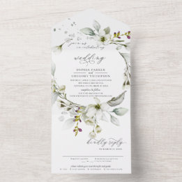 Light Greenery | Floral White Calligraphic Wedding All In One Invitation