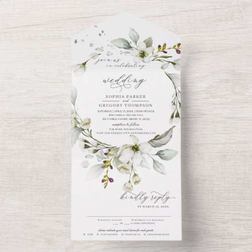 Light Greenery  Floral White Calligraphic Wedding All In One Invitation