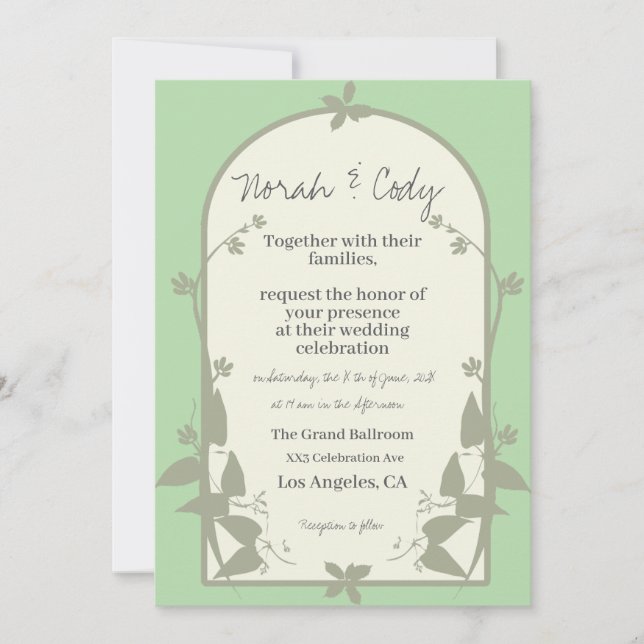 Light-greenish color greenery wedding invitation (Front)