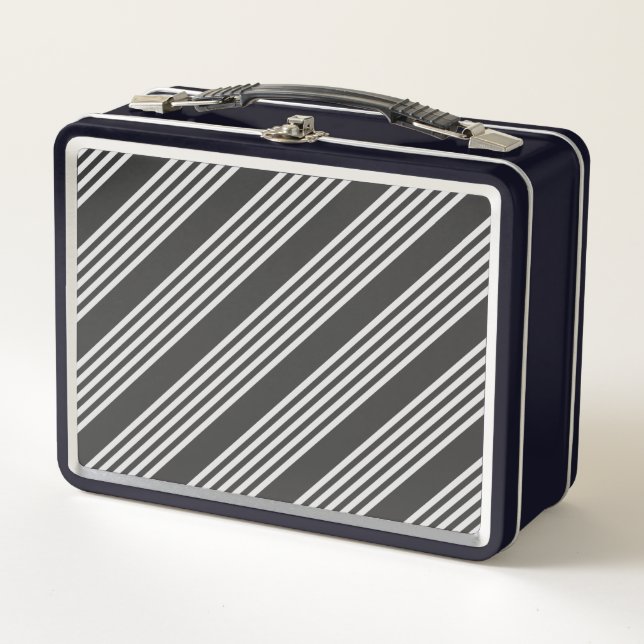 Light grey and charcoal five stripes pattern metal lunch box (Front)