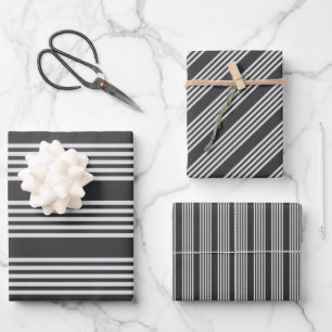 Light grey and charcoal five stripes pattern wrapping paper sheets
