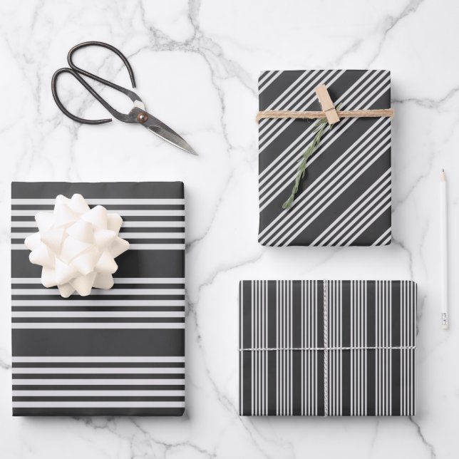 Light grey and charcoal five stripes pattern wrapping paper sheets (Front)