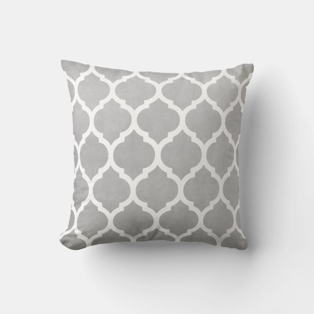 Light Grey and White Classic Trellis Quatrefoil Throw Pillow (Front)