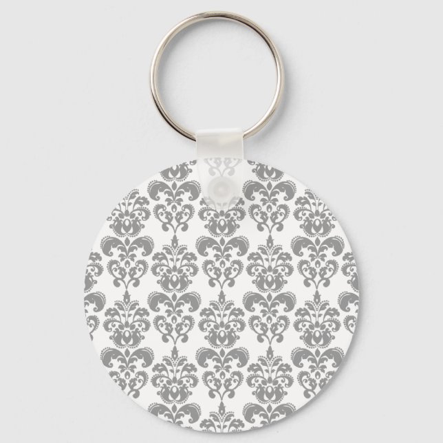 LIGHT GREY AND WHITE DAMASK PATTERN 2 KEYCHAIN (Front)