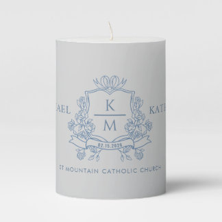 Light Grey Blue Monogram Wedding Pillar Candle
