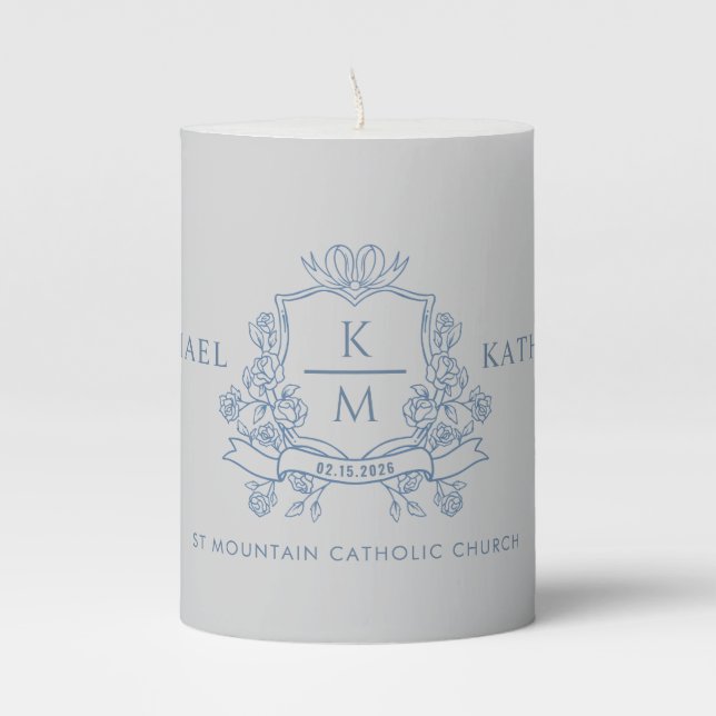 Light Grey Blue Monogram Wedding Pillar Candle (Front)