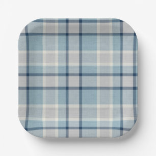 Light grey-blue textured checkered paper plates