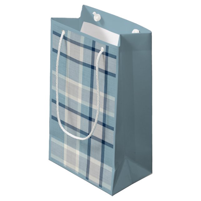Light grey-blue textured checkered  small gift bag (Front Angled)