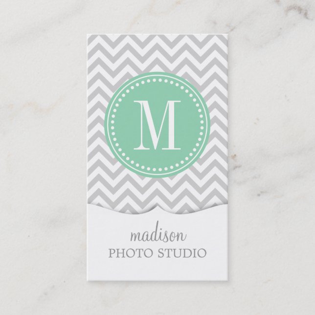 Light Grey Chevron Zigzag Personalized Monogram Business Card (Front)