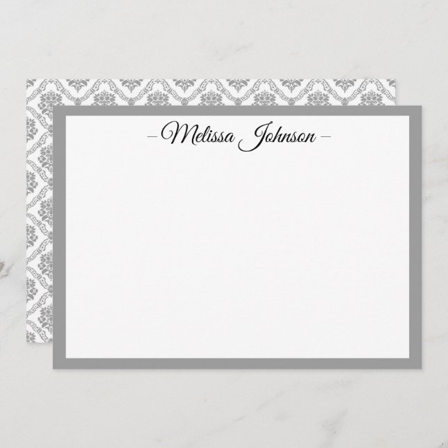 Light Grey Damask Personalized Note Card (Front/Back)