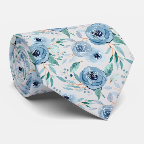 Light Grey Dusty Blue Watercolor Floral Pattern Neck Tie