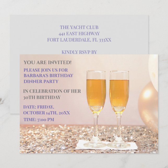 Light grey gold 30th birthday champagne  invitation (Front/Back)