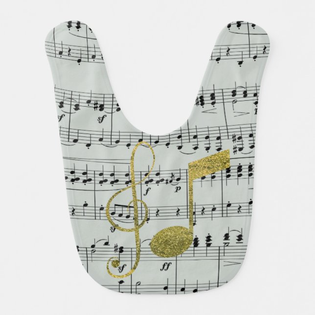 Light Grey Gold Glitter Music Baby Bib (Front)